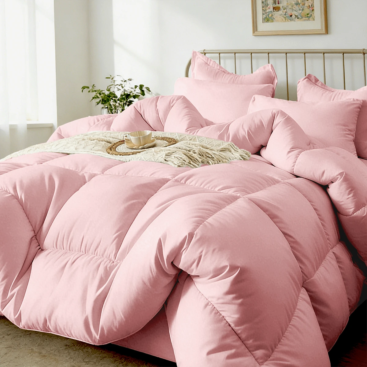 7-Pcs Or 5-Pcs Soft And Breathable Checkered Comforter Sets Queen, As A Family Gift. Includes Fitted Sheet, Flat Sheet, Pillowcase And Comforter, Bed In A Bag, A Luxurious Bedding Set, Machine Washable - 粉色 - 查看 1