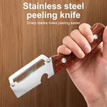 2 Pack 2 In 1 Multi Functional Vegetable Peeler With Bottle Opener And Wooden Handle Stainless Steel Blade Kitchen Tool For Sugar Cane Potato Fruit Pineapple Pumpkin Papaya Carrot Veggie Peeler. - 卡其色 - 查看 10