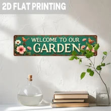 1 pieza Letrero de metal vintage "Bienvenido a nuestro jardín" - Diseño floral y de pájaros de estilo campestre, 4x16 pulgadas, decoración de pared interior/exterior, adecuado para jardín, porche, patio, entrada - Estilo granja, decoración de jardín, 2D plano - Multicolor - Ver 5
