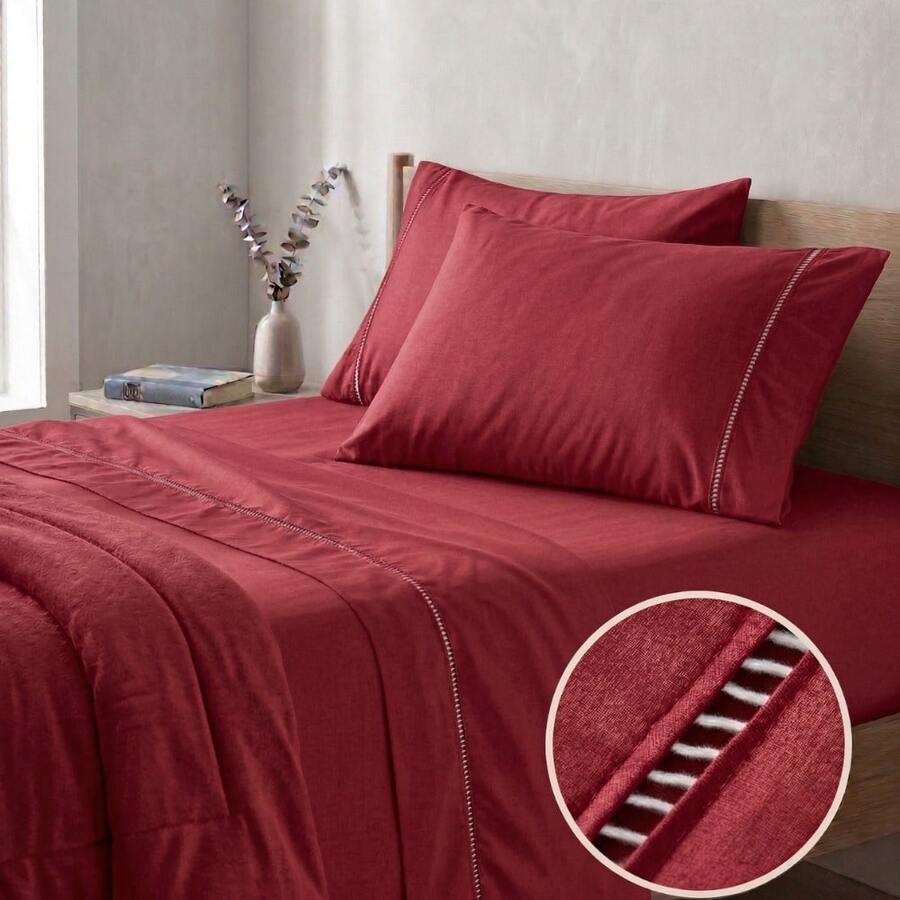 400 Thread Count 3-Piece Bedding Set With Fitted Sheet And Pillowcases, Soft Touch, Everyday Comfort, Single, Full, Queen, King - RED - View 1