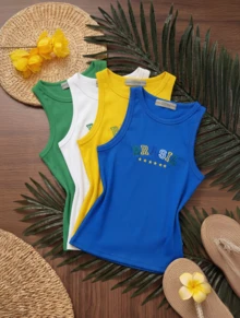 Kit Of 4 Women's Tank Tops Summer 2026 With "Brazil" Embroidered Print, Ribbed Knit - XANH DƯƠNG/VÀNG/TRẮNG/XANH LÁ CÂY - Xem 2