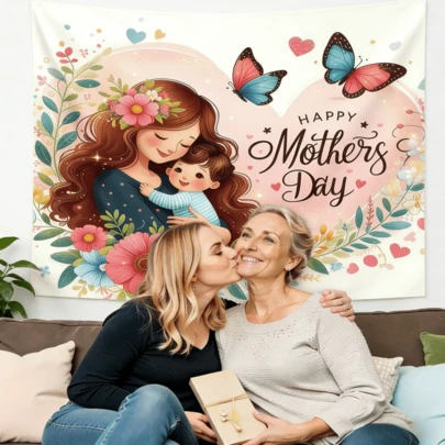 1件“母亲节快乐”挂毯 - 花卉爱心蝴蝶图案 | 柔软涤纶面料 | 现代家居装饰 | 适用于客厅和卧室 | 家居墙面装饰 | 母亲节礼物 | 送给祖母和母亲的特别礼物