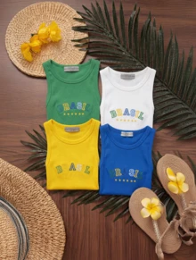 Kit Of 4 Women's Tank Tops Summer 2026 With "Brazil" Embroidered Print, Ribbed Knit - XANH DƯƠNG/VÀNG/TRẮNG/XANH LÁ CÂY - Xem 3