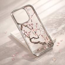 Metallic Silver Frame Clear Phone Case, Ink Painting Cherry Blossom Plum Blossom Pattern Shockproof Cover For IPhone 17 Pro Max,/16/15/14/13/12/11, Easter, Girlfriend, Friend, Soft Protective Cover, Couple Phone,New Phone,Valentine's Day,Blooming Flower Design,Cute Phone Case - 1pc - 查看 2