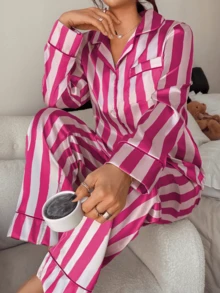 Dreamivo Set de 2 piezas de pijama de mujer de manga larga a rayas - Rosa Fucsia - Ver 4
