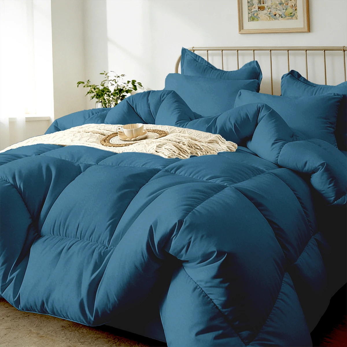 7-Pcs Or 5-Pcs Soft And Breathable Checkered Comforter Sets Queen, As A Family Gift. Includes Fitted Sheet, Flat Sheet, Pillowcase And Comforter, Bed In A Bag, A Luxurious Bedding Set, Machine Washable - 藍色-B18 - 查看 1