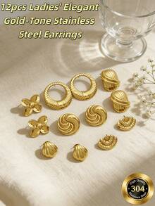 1/2 Pairs 304 Stainless Steel Gold-Plated Round Stud Earrings Set, Hammered/Radial Pattern, Vintage Design, Fade-Resistant, Hypoallergenic, Suitable For Young Women To Attend Parties, Or As Birthday And Valentine's Day Gifts For Mothers, Wives Or Friends. Women's Accessories, Gold Jewelry, Gold Accessories - Yellow Gold - View 6