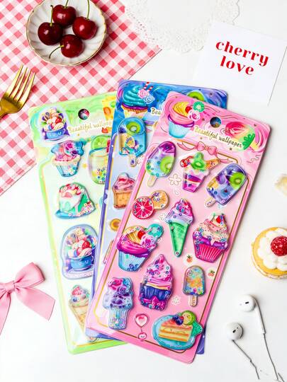Ins风甜点3D闪亮贴纸，透明水晶质感蛋糕冰淇淋贴纸，女孩爱心日记DIY装饰材料，儿童奖励小贴纸，手机壳、笔记本和相册装饰贴纸，防水防污创意趣味贴纸套装