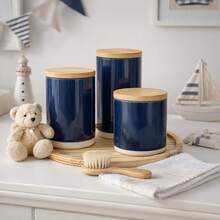 Kit Higiene Bebê Náutico Ceramica Azul Marinho Madeira 3 Pçs - Azul Marinho - Visão 4