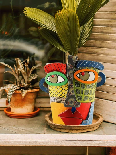 Chậu hoa hình mặt người trừu tượng, Chậu hoa hình mặt người độc đáo, Thích hợp cho cây trồng trong nhà, Chậu hoa hình mặt người vui nhộn, Chậu cây nhiều màu sắc, Thích hợp trang trí sân vườn ngoài trời và trang trí nghệ thuật nhà cửa (Phong cách hiện đại).