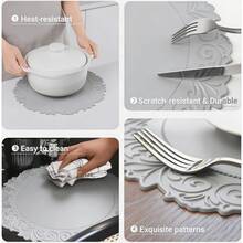 1/4/6pcs Vintage Floral Leather Placemats, Thick & Washable, Round Dining Table Mats, Heat Insulation Pads Suitable For Valentine's Day, Mother's Day, Wedding Party, Christmas, Halloween, Thanksgiving, Dinner, Restaurant, Hotel, Home - Light Grey - View 6