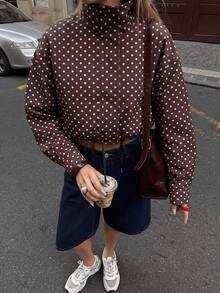 GDDYIN Chaqueta casual de mujer con cuello alto, cremallera y cordón, con estampado de lunares, nueva para primavera - Marrón - Ver 2