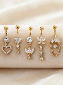 Set de 5 piezas de joyas de perforación en el ombligo de acero inoxidable 316L con forma de corazón, lágrima y mariposa en color plata y rosa, estilo europeo adecuado para uso diario - Anillos de ombligo de 5 piezas - Ver 18