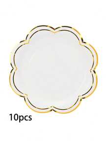 10 pièces/20 pièces/50 pièces Assiettes en papier jetables de 7 pouces avec bord gaufré blanc et doré, convient pour les thés, anniversaires, réceptions de mariage - Blanc - Voir 12