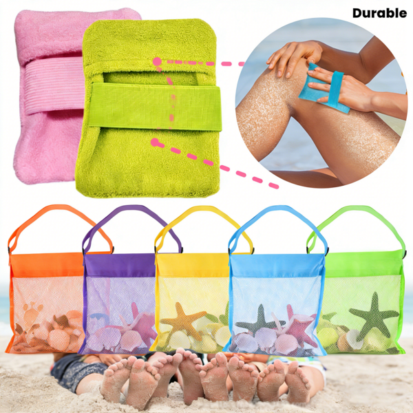 Bolsa de malla de colores y juego de bolsas, múltiples combinaciones, tela suave y cepillo exfoliante, estructura compacta, ideal para viajes a la playa, excursiones escolares y actividades al aire libre, adecuado para vacaciones en la playa, campamento, eventos al aire libre, herramienta de limpieza esencial
