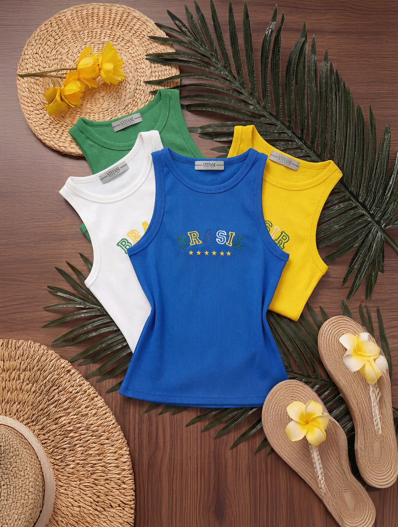 Kit Of 4 Women's Tank Tops Summer 2026 With "Brazil" Embroidered Print, Ribbed Knit - XANH DƯƠNG/VÀNG/TRẮNG/XANH LÁ CÂY - Xem 1