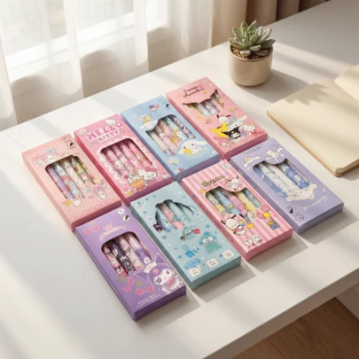 SANRIO 【三丽鸥系列热销】6支装可爱三丽鸥主题白色圆珠笔，优质象牙白，按动式圆珠笔，速干黑色墨水，左右手通用，带笔夹，6支/盒，办公学习用品，趣味设计，按压式出笔