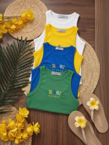 Kit Of 4 Women's Tank Tops Summer 2026 With "Brazil" Embroidered Print, Ribbed Knit - XANH DƯƠNG/VÀNG/TRẮNG/XANH LÁ CÂY - Xem 5
