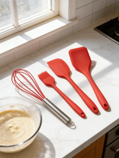 Bộ dụng cụ nhà bếp bằng silicon màu đỏ tươi, bao gồm cọ phết gia vị, thìa lớn, thìa nhỏ, que đánh trứng, kẹp gắp thức ăn và dao cắt phô mai, dụng cụ làm bánh chịu nhiệt phù hợp cho bánh ngọt, kem, sinh tố và nấu ăn hàng ngày.