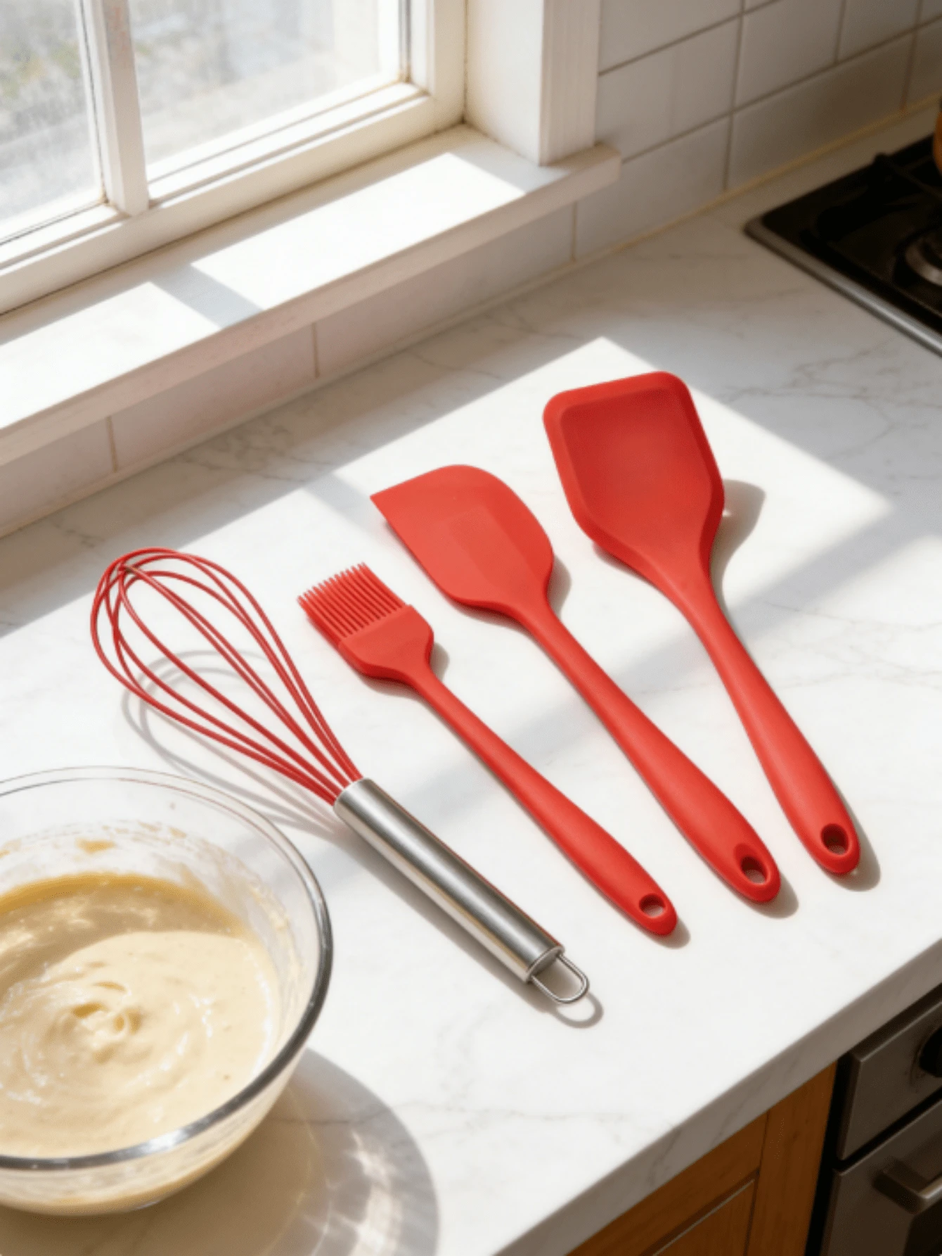 一套亮红色硅胶厨房用具，包括：油刷、大号铲子、小号铲子、打蛋器、食物夹和奶酪切片器，耐热烘焙工具，适用于蛋糕、奶油、奶昔和日常烹饪。