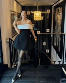 SUNSTORY 女士性感露肩黑白撞色优雅露背蝴蝶连衣裙，适合派对、音乐节、嘉年华、婚礼、约会、海滩度假、节日等场合。 - 黑色 - 查看 9