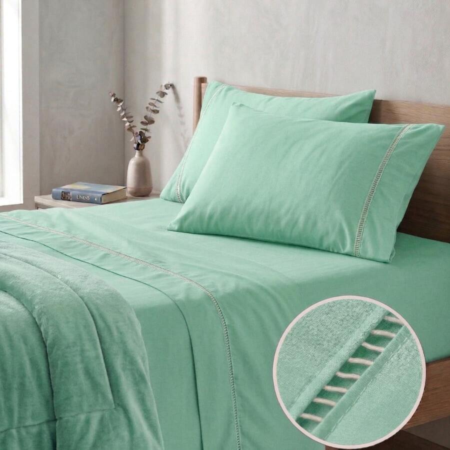 400 Thread Count 3-Piece Bedding Set With Fitted Sheet And Pillowcases, Soft Touch, Everyday Comfort, Single, Full, Queen, King - 薄荷綠 - 查看 1