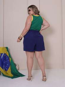 Women's Plus Size Two-Tone Ribbed Tank Top With Brazil Flag Print - World Cup 2026 - Lá cờ xanh - Xem 4