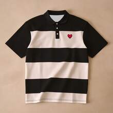 男士经典条纹短袖 Polo 衫，心形数码印花设计，休闲通勤夏季高尔夫 Polo 衫，涤纶面料，可机洗 - 彩色 - 查看 7