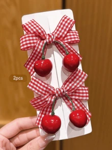 1/2入櫻桃紅格紋蝴蝶結髮夾 可愛格紋緞帶髮針 甜美可愛懸掛式髮飾 女款女童夏季野餐配件 - 紅色 - 查看 3