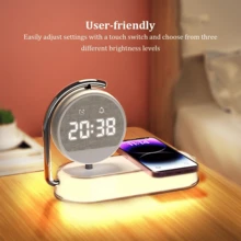 5-In-1 Alarm Clock Night Light, 15W Wireless Charging Station, 360° Rotatable Digital Clock, Dimmable Warm Touch Lamp, Alarm, Time Date Display, USB-C Power, Overcharge Overheat Protection For Bedroom Bedside Desk Decor - 1PC - 查看 6