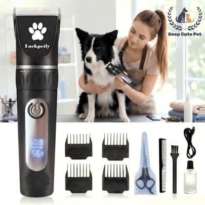 高品质经典宠物美容套装，陶瓷刀片，可定制Logo；电动宠物毛发修剪器，高速低噪音电机；无线设计，带液晶显示屏，适用于狗、猫、羊、马等宠物。