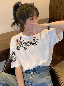 Áo thun nữ dáng rộng cổ tròn tay ngắn in hình gấu trúc hoạt hình, thích hợp cho mùa xuân/hè. - trắng - Xem 5