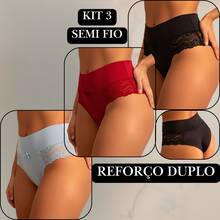 Kit Calcinhas Cintura Alta Elegante Com Renda Floral Delicada Elegante Confortável Ideal Dia a Dia Cor Sólida Elástica - Preta, Vermelha, Azul - Visão 2