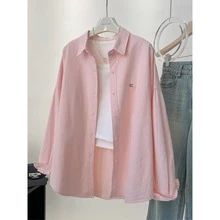 女士纯色简约休闲长袖衬衫 粉色 - 粉色 - 查看 2