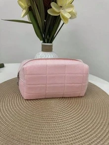 1个白色花卉格纹绗缝化妆包，休闲优雅风格，便携多功能，大容量收纳空间，可装手提包、口红、卫生巾、硬币、钥匙、耳机、数据线、充电器、耳机等，可爱洗漱用品收纳包 - 彩色 - 查看 11