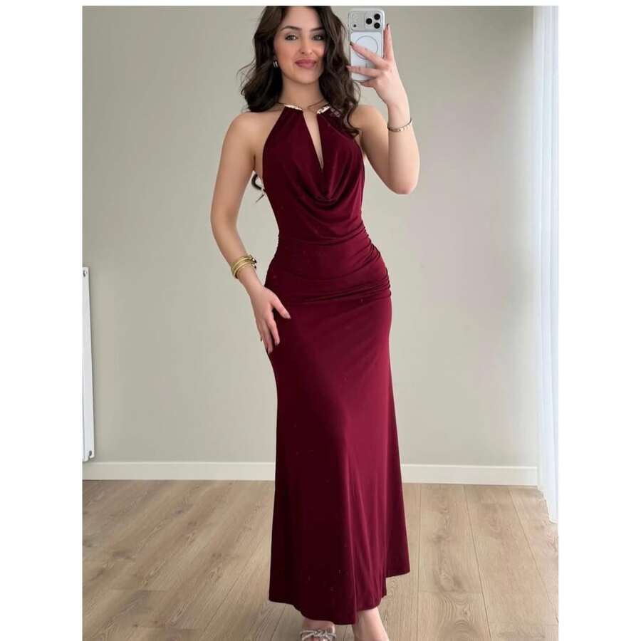 Women's London Dress With Elegant Cowl Neckline, Gold Detail, Open Back, Soft And Lightweight Suplex Fabric. - Gỗ đỏ - Xem 1