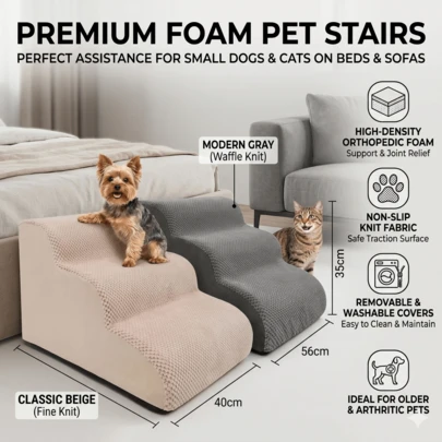 Portable Pet Stairs - Lightweight Foam Dog Bed/Sofa Steps - Non-Slip Surface Machine Washable Cover
