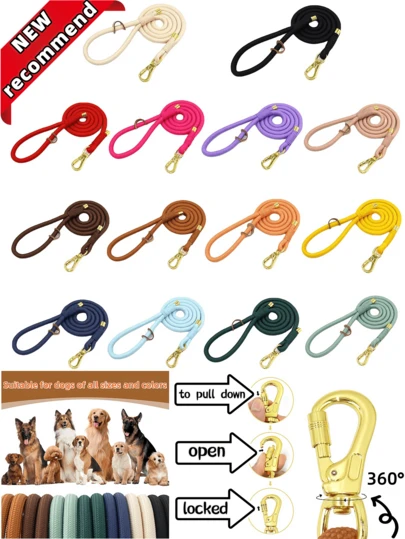 Laisse pour chien en corde de polyester faite main avec fermoir en alliage de zinc de couleur dorée (renforcé). Convient aux animaux de compagnie de grande, moyenne et petite taille. Douce et confortable. Fermoir en alliage de zinc plaqué or plus robuste que le plastique. Facile à serrer et à détacher rapidement. (En raison des différences de lot de tissu, une légère différence de couleur peut exister, la livraison se fait de manière aléatoire)