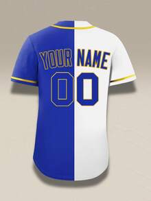 Customizable Blue & White Split-Color Baseball Jersey - Personalized Name & Number Two-Tone Shirt, Modern Varsity Button-Down With Gold Trim Sports - Blue - View 4