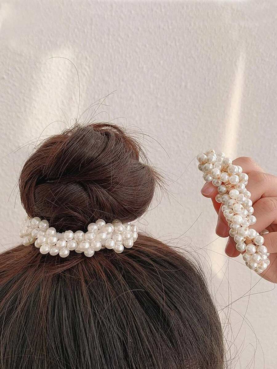 2 chiếc dây buộc tóc đính ngọc trai giả, thích hợp để sử dụng hàng ngày. - Nhiều màu - Xem 1