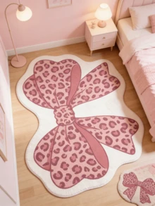 1 Stück rosa Leoparden-Muster Schleife Dekor Fußmatte, dekorativer Teppich, Schlafzimmer Dekoration, kleiner Teppich, Teppich, Heimdekoration, Wohnzimmer Teppich, Wohnzimmer kleiner Teppich, Schlafzimmer Teppich, Wohnzimmer Heimdekoration, Outdoor Teppich, waschbarer Teppich - Mehrfarbig 4 - Übersicht 2