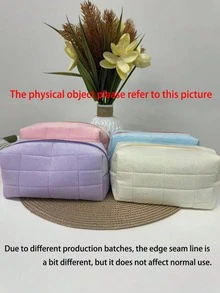 1个白色花卉格纹绗缝化妆包，休闲优雅风格，便携多功能，大容量收纳空间，可装手提包、口红、卫生巾、硬币、钥匙、耳机、数据线、充电器、耳机等，可爱洗漱用品收纳包 - 彩色 - 查看 9