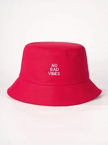 1pc Unisex Red "No Bad Vibes" Embroidered Letter Breathable Bucket Hat, Versatile Outdoor Sun Protection Casual Wear,Summer,Beach - Red - View 2