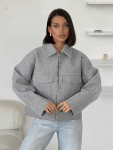 Áo khoác dài màu xám thanh lịch dành cho nữ, có cổ, tay dài rũ vai, dáng suông, khóa kéo phía trước và có túi, thích hợp cho lễ Ramadan hoặc lễ Eid Al-Adha. - Màu Xám nhạt - Xem 7