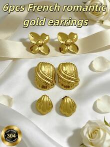 1/2 Pairs 304 Stainless Steel Gold-Plated Round Stud Earrings Set, Hammered/Radial Pattern, Vintage Design, Fade-Resistant, Hypoallergenic, Suitable For Young Women To Attend Parties, Or As Birthday And Valentine's Day Gifts For Mothers, Wives Or Friends. Women's Accessories, Gold Jewelry, Gold Accessories - Yellow Gold - View 7