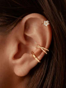 3 piezas de abrazaderas para la oreja chapadas en oro sin perforación para mujeres, clips para la oreja con forma de X cruzada con pavé de circonita cúbica brillante, pendientes de cartílago de flor delicada, conjunto de joyas minimalistas sin perforación - Oro A - Ver 2