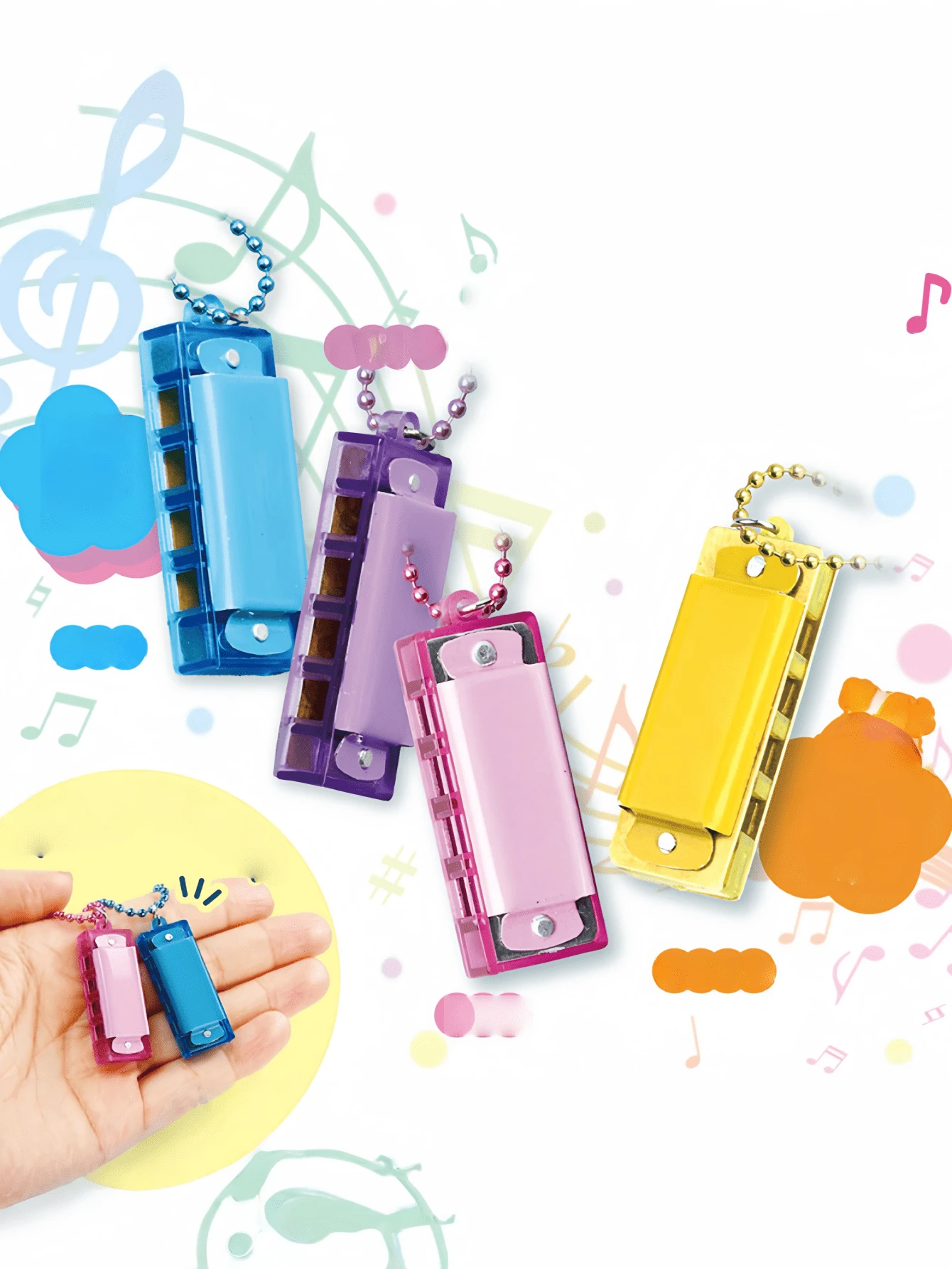 10pcs Mini Playable 4-Hole 4/8 Tone Harmonica Pendant, Music Instrument Charm, Educational Harmonica, Suitable For Classroom, Party, Gathering And Birthday Gift - Multicolor - View 1
