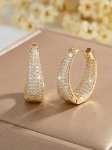 1 Đôi bông tai vòng nhỏ đính đá lấp lánh màu vàng kim dành cho nữ, quà tặng trang sức thanh lịch. - Vàng - Xem 3
