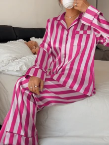 Dreamivo Set de 2 piezas de pijama de mujer de manga larga a rayas - Rosa Fucsia - Ver 5