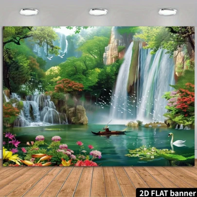 Tranh treo tường 2D phẳng, 1 tấm, phong cảnh thác nước sống động - Chất liệu polyester, với hình ảnh hồ, cây xanh và cảnh thác nước hùng vĩ, thích hợp trang trí nhà cửa, tiệc tùng và ngày lễ, không cần điện, đạo cụ chụp ảnh studio, phông nền tiệc tùng, phong cảnh yên bình, kết cấu tinh tế, trang trí thác nước.